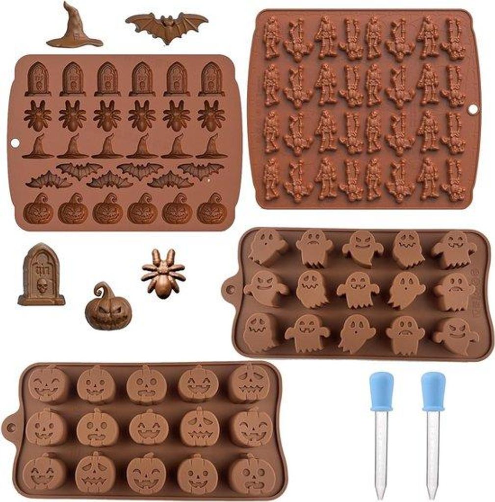 Silikon-Halloweenformen 4-teilig mit 2 Pipetten für Halloween-Chocolade, Halloween-Muffine und Halloween-Fondant