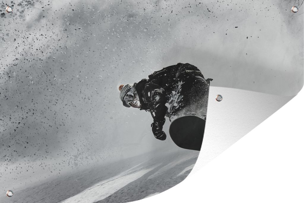 MuchoWow 60x40 cm Outdoor-Poster Gartendeko Sichtschutz Garten Poster für den Garten Ein Snowboarder macht eine Kurve mit Stil