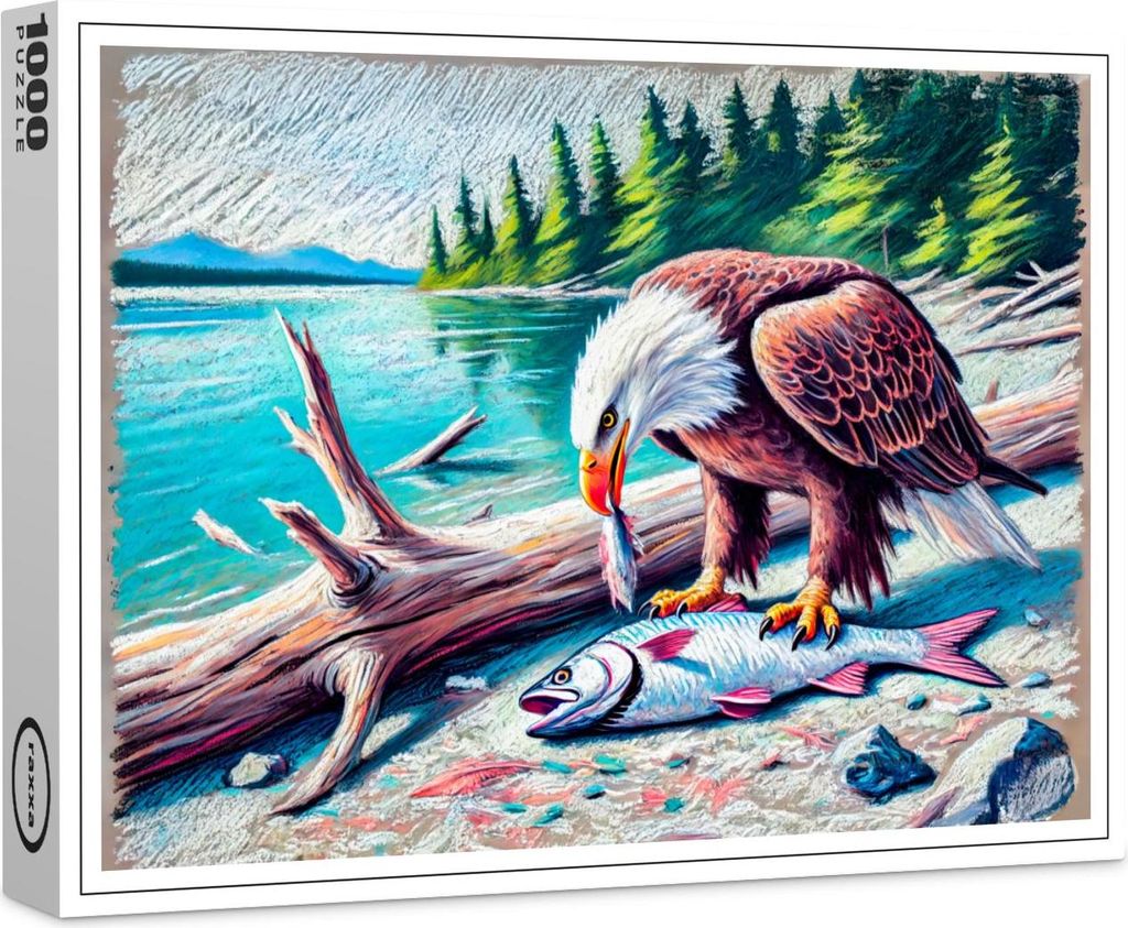 raxxa Premium-Puzzle "Eagle Eating Fish at Riverbank Pastel Chalk Drawing", 1000 Teile