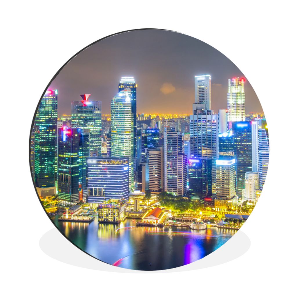 MuchoWow Aluminium Wandkreis Singapur - Stadt - Licht Ø 60 cm Wanddeko Modern Wohnzimmer - Wand Kreis - Wandbild - Schlafzimmer - Aluminium Bild...