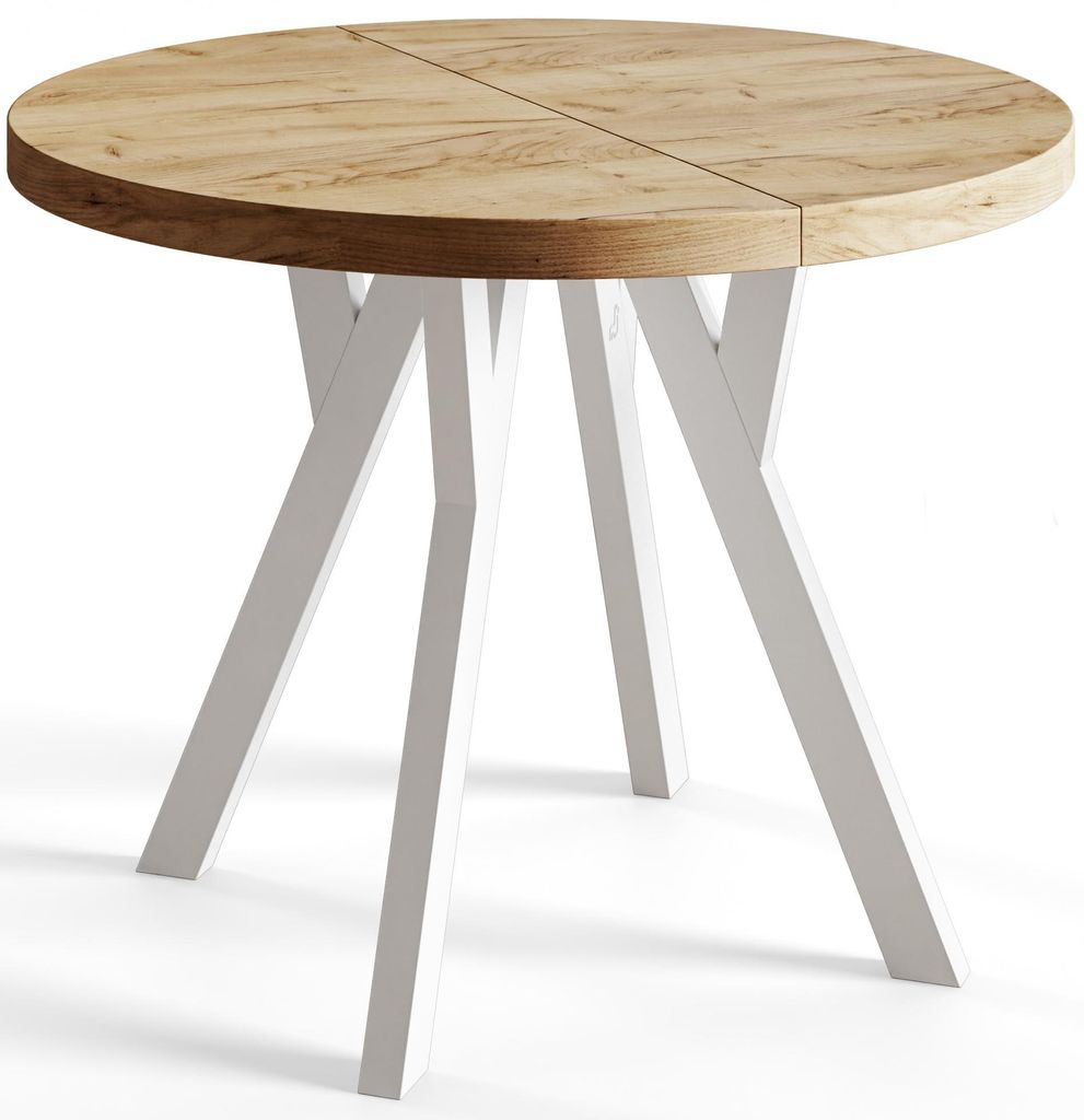 Runder Esszimmertisch OVO, ausziehbarer Tisch Durchmesser: 80 cm bis 130 cm, Wohnzimmertisch Farbe: CRAFT, mit Stabile Beine in Farbe Weiß