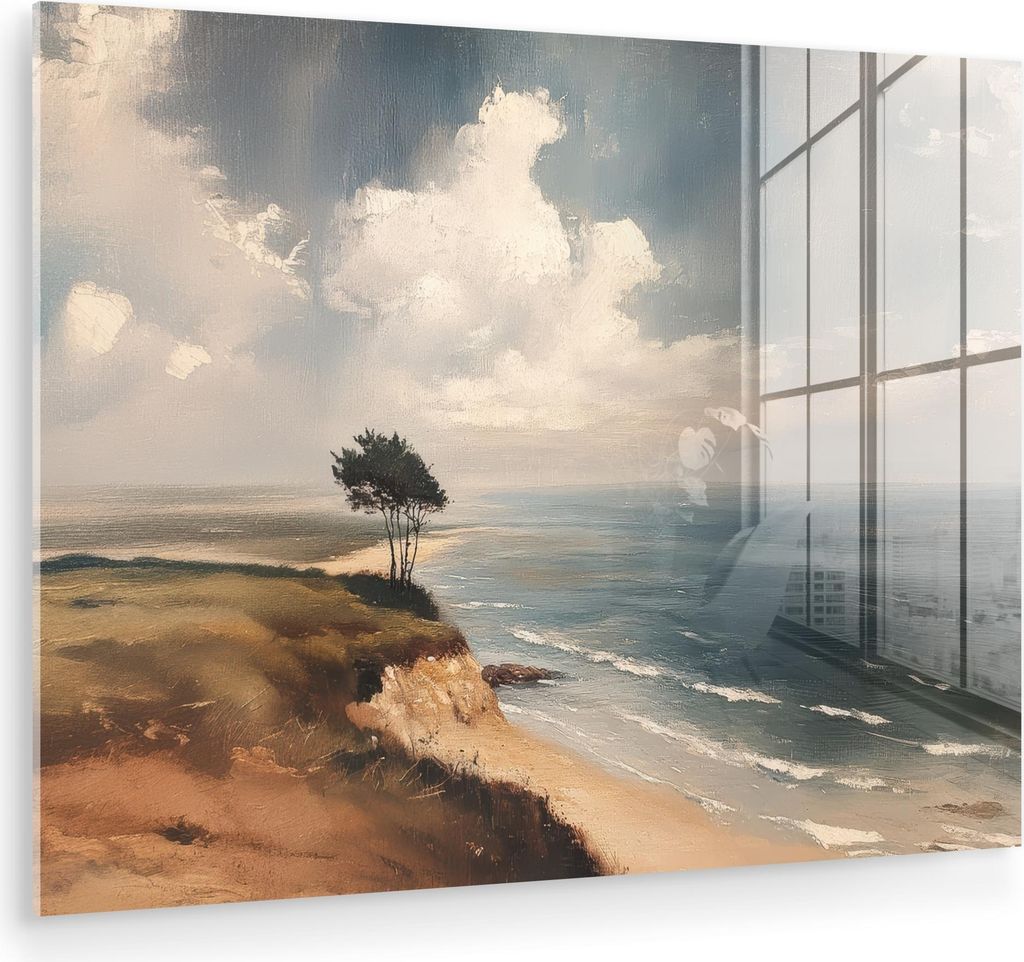 MuchoWow Glasbilder - Bilder auf Wandbild - Foto auf Glas Klippe - Meer - Baum 80x60 cm Wanddekoration aus Glas - Acrylglasbild - Acrylbilder - Wan...