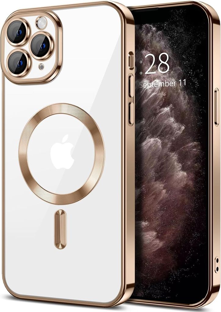 Magnetische Klar Hülle für iPhone 11 Pro Max, Kompatibel mit MagSafe, Elektroplattiert Handyhülle mit Kameraschutz Braun