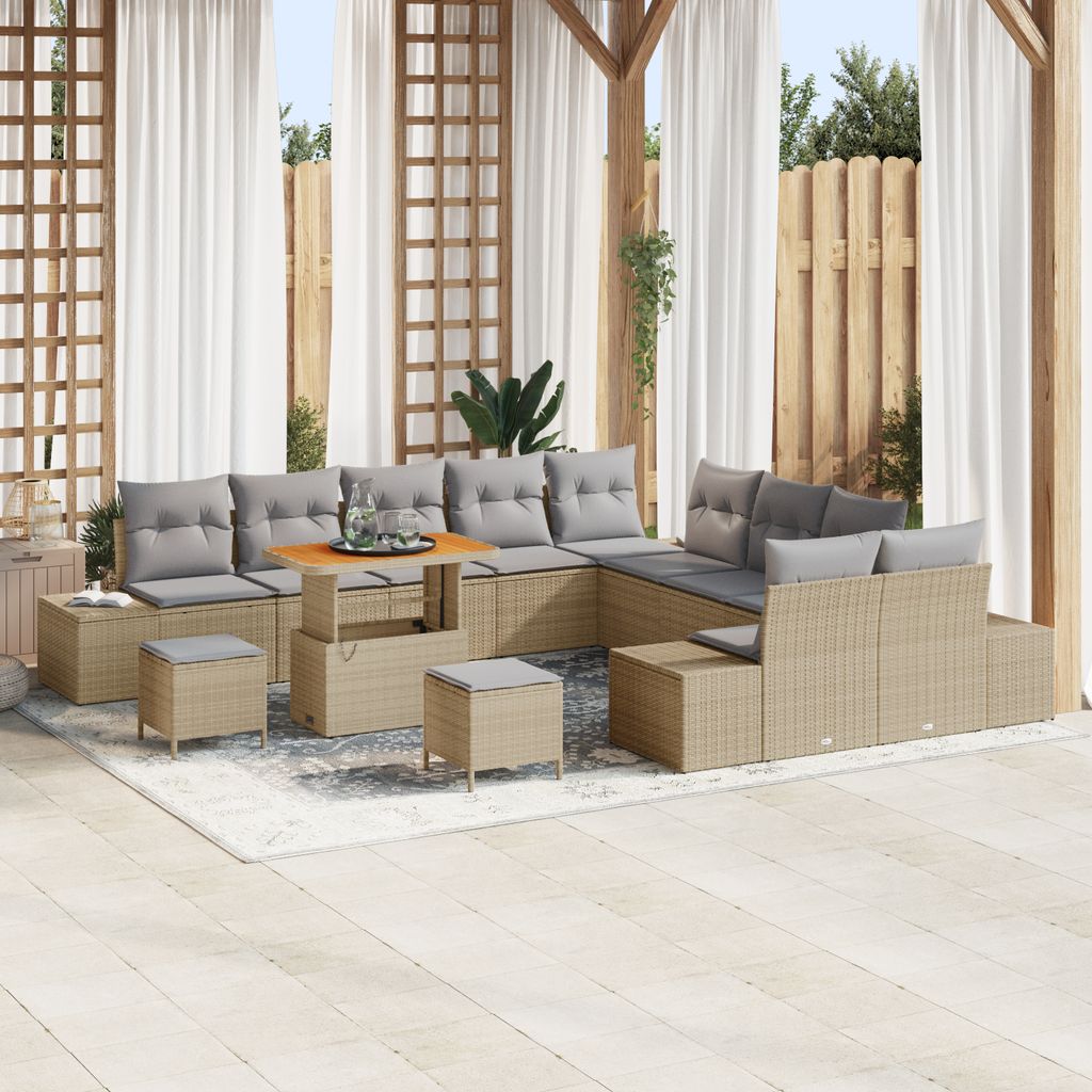 Desgin 13-teiliges Garten Sofa Set mit Kissen Beige Poly Rattan Akazie - Gartensofas 3364797