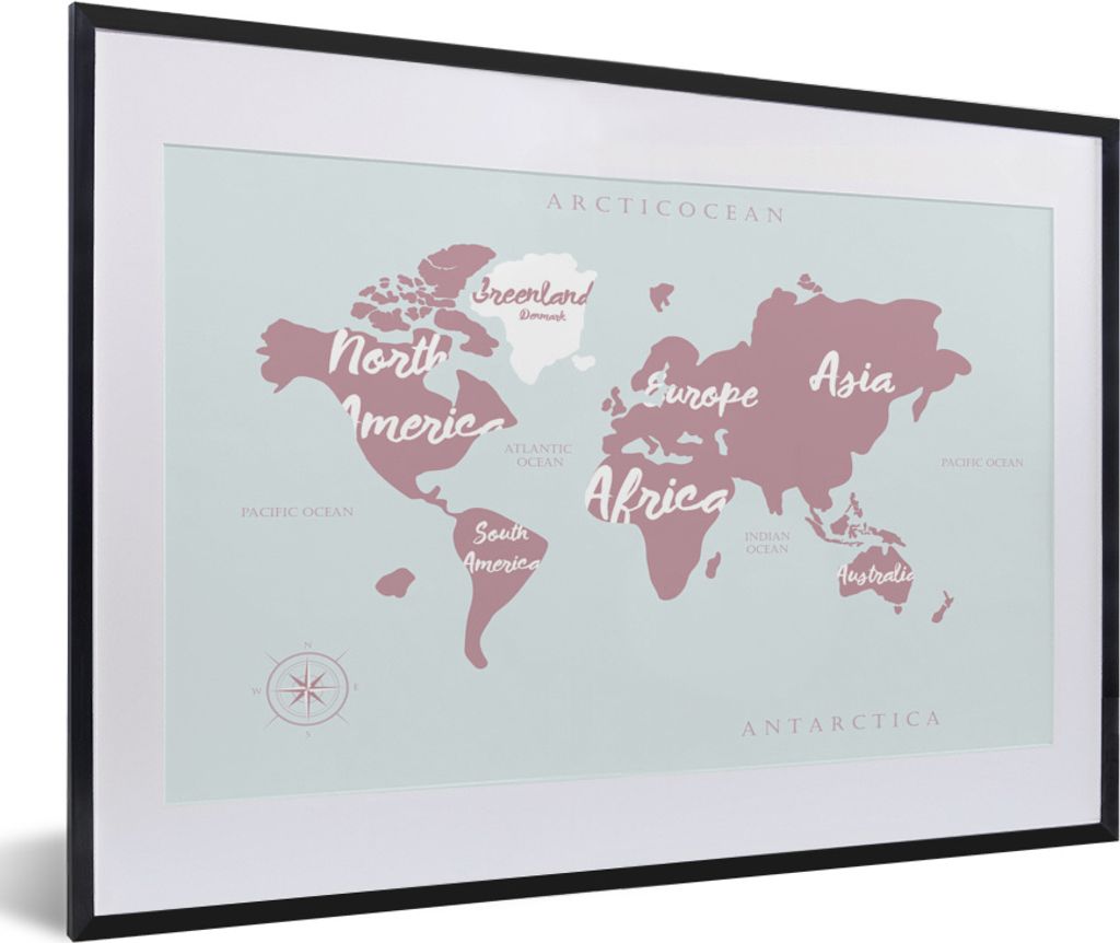 MuchoWow MuchoWow Gerahmtes Poster Weltkarte - Rosa - Briefe 60x40 cm - Poster mit zchwarzem Bilderrahmen - Schlafzimmer - Plakat in Rahmen - D...
