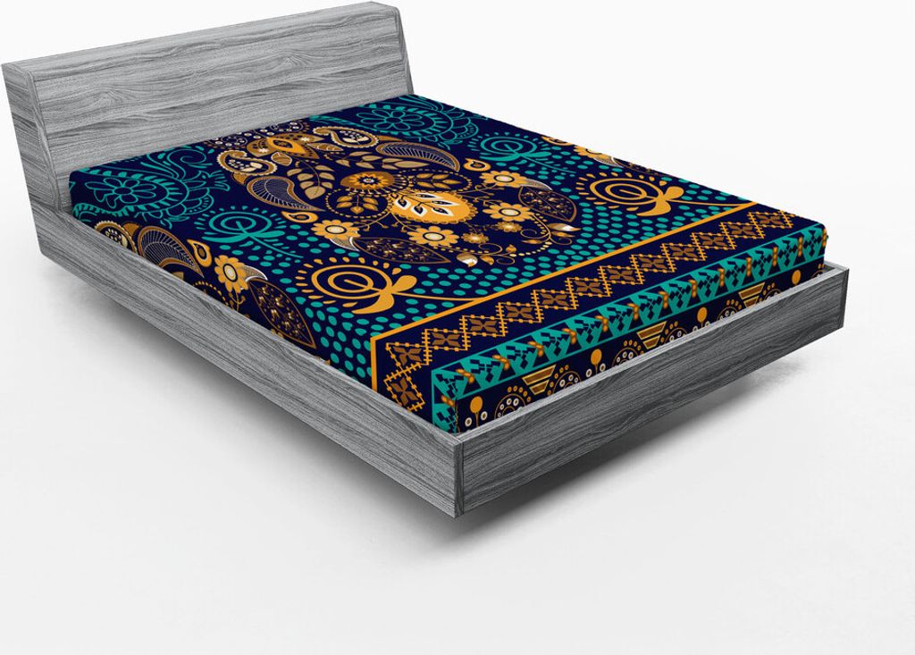 ABAKUHAUS Paisley Spannbetttuch, Ethnisches hintergründiges Design mit dem Muster von Blumen-Blättern und von Punkt-Bild, 150 x 190 cm, Blue Eart...