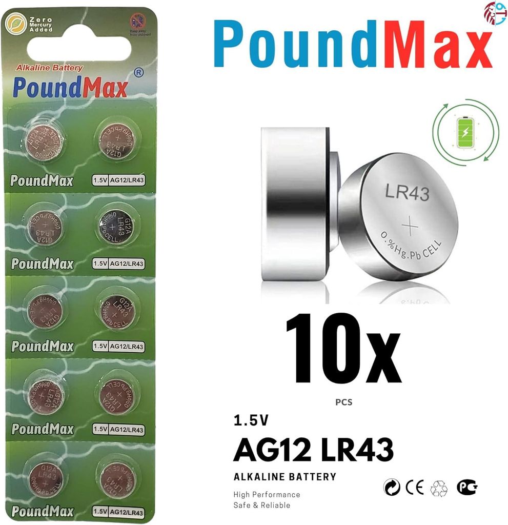 10x AG12 Alkaline Knopfzellen-Batterien (LR43, LR1142, 386) 1,5V