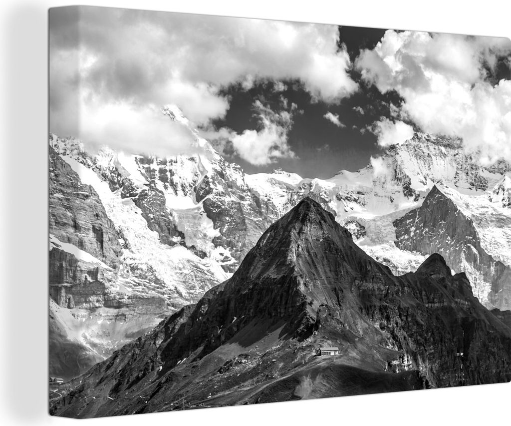 OneMillionCanvasses - Leinwandbilder - 140x90 cm, Blick auf Mönch und Jungfrau am Schweizer Eiger - schwarz-weiss, Wandbilder Kunstdruck Wanddek...