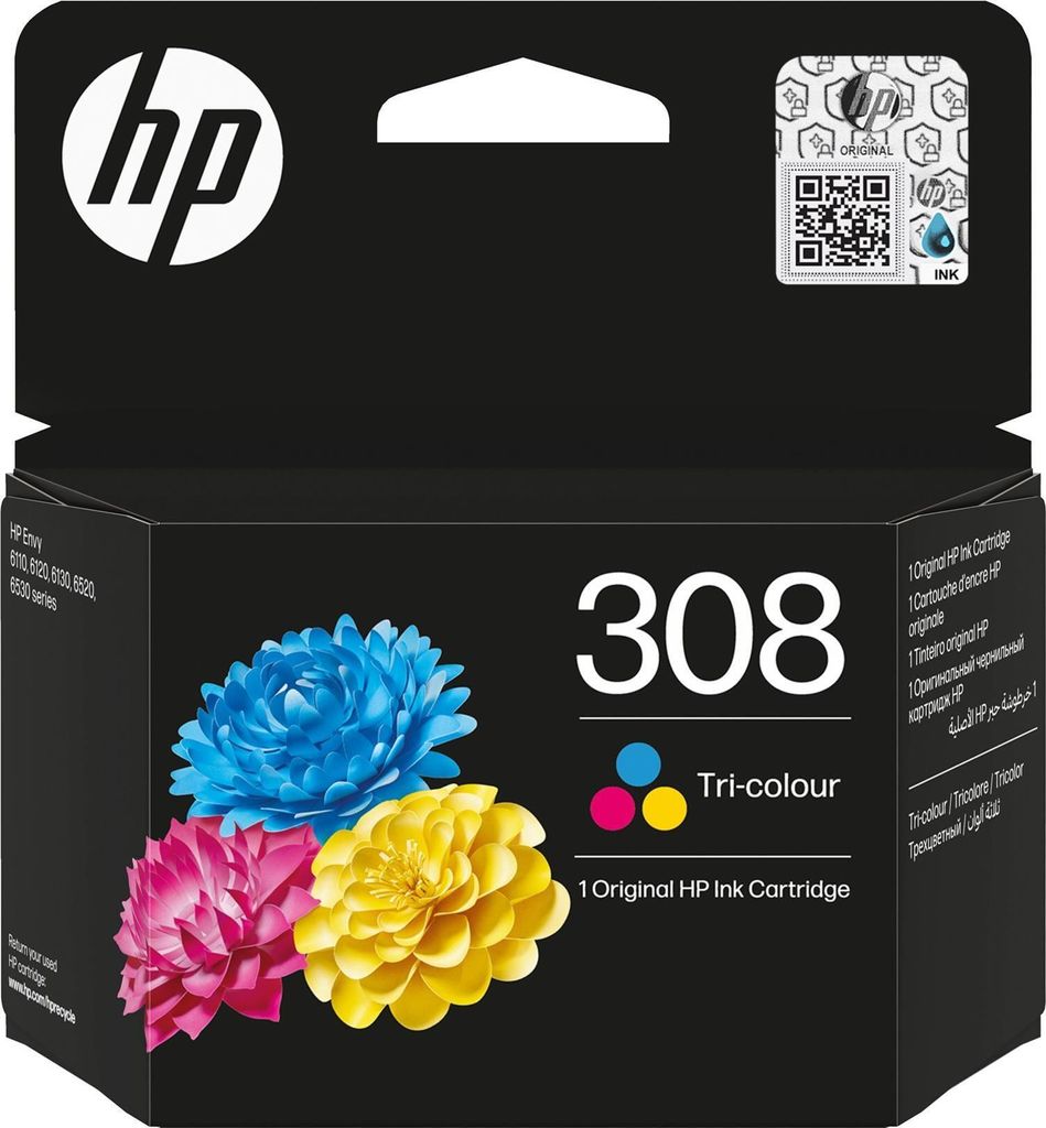The image shows the packaging of an HP 308 tri-color ink cartridge.