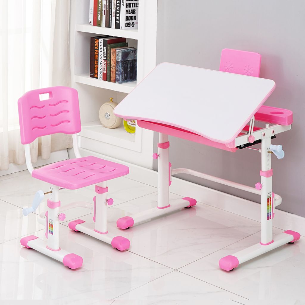 Style home Kinderschreibtisch Schülerschreibtisch Pink Kindermöbel Set für Kinder höhenverstellbar neigbar Schreibtisch mit Schublade und Stuhl 