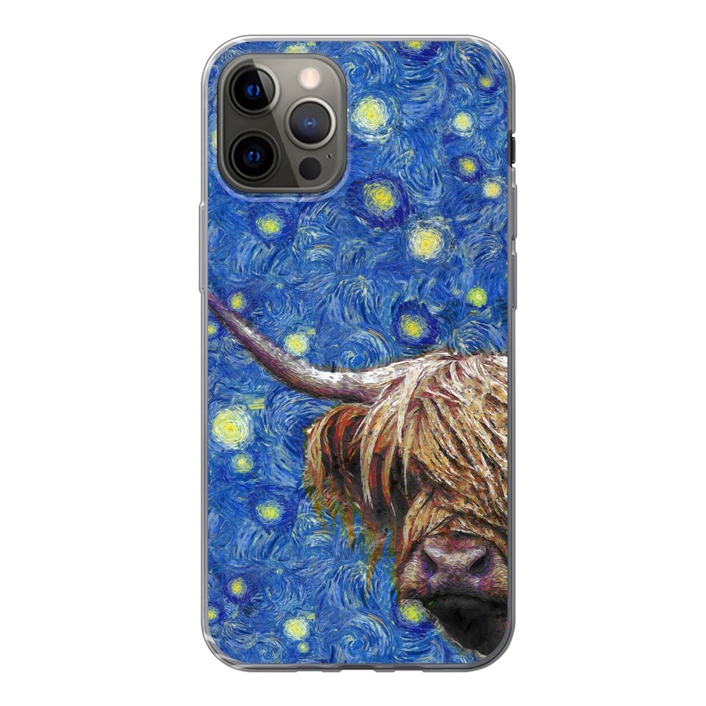 MuchoWow Handyhülle Schutzhülle Hülle für iPhone 12 Pro Sternennacht - Van Gogh - Schottischer Highlander Silikon Softcase Handy Hülle - Abd...