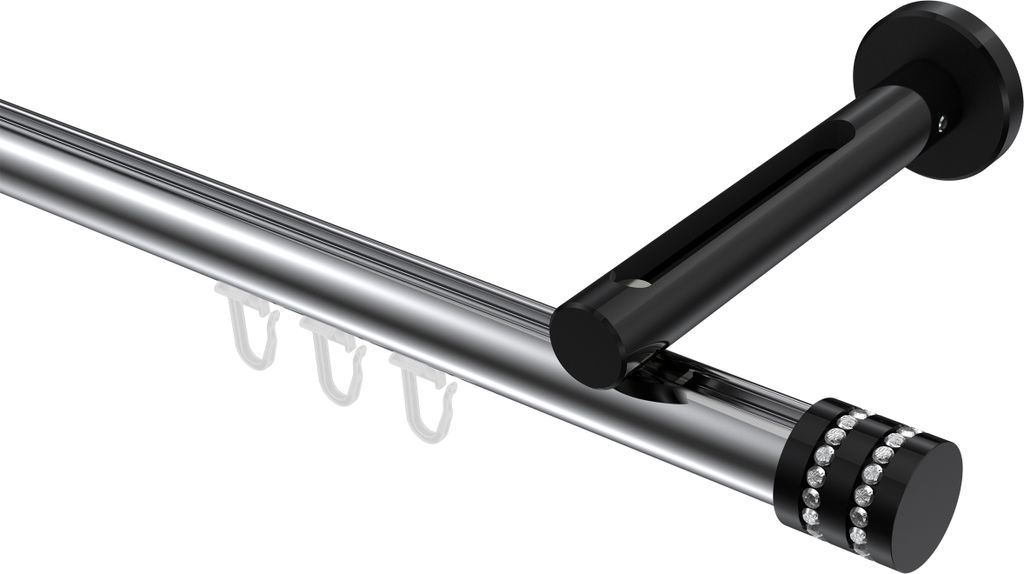 Interdeco Innenlaufstange / Gardinenstange mit Innenlauf Chrom / Schwarz, Typ Siteno Estana (Glitzerkappe), 20 mm Ø 1-läufig, 140 cm