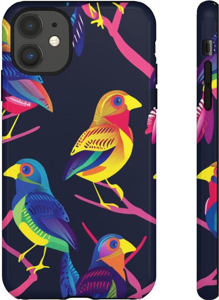 Bunte Neon-Vögel auf Zweigen – Hülle Kompatibel mit iPhone 11