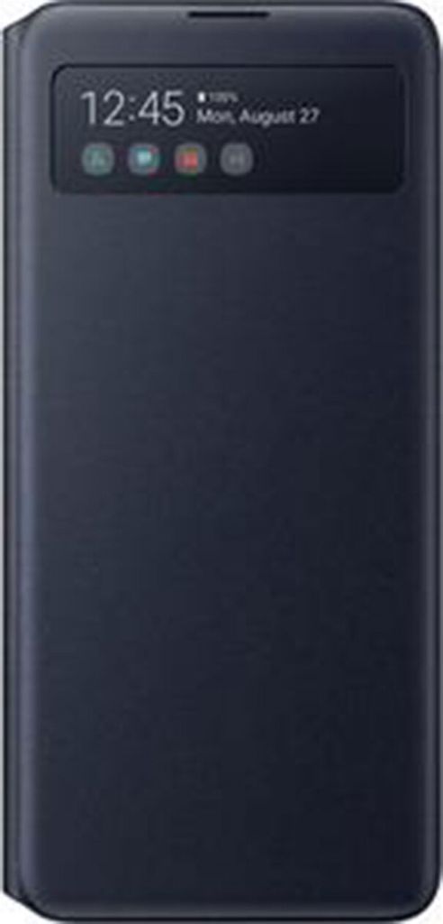A dark blue book-style phone case with a transparent window showing the time and date.