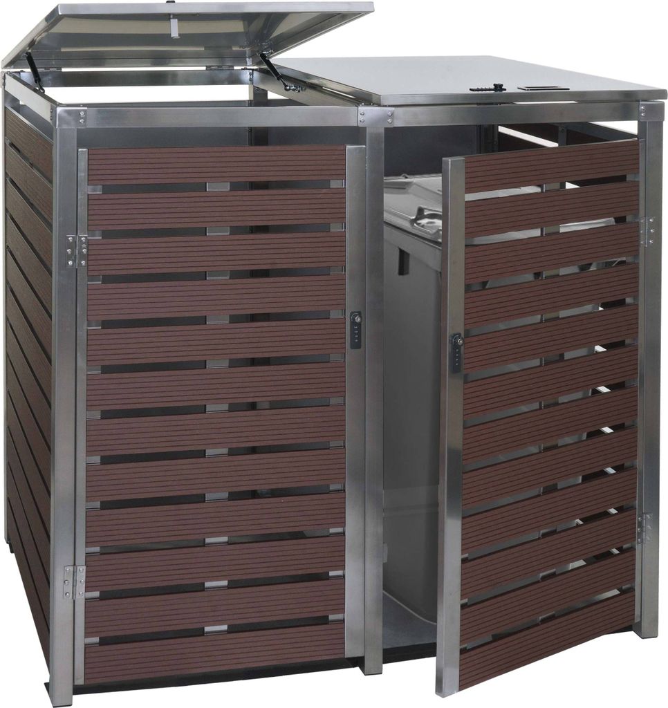 2er Mülltonnenverkleidung MCW-K14, Mülltonnenbox, 119x134x84cm WPC Edelstahl 78kg Walnuss-Holzoptik