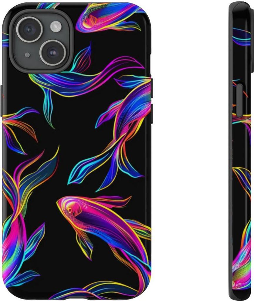 Leuchtende Neonfische auf Schwarz – Hülle Kompatibel mit iPhone 15 Plus