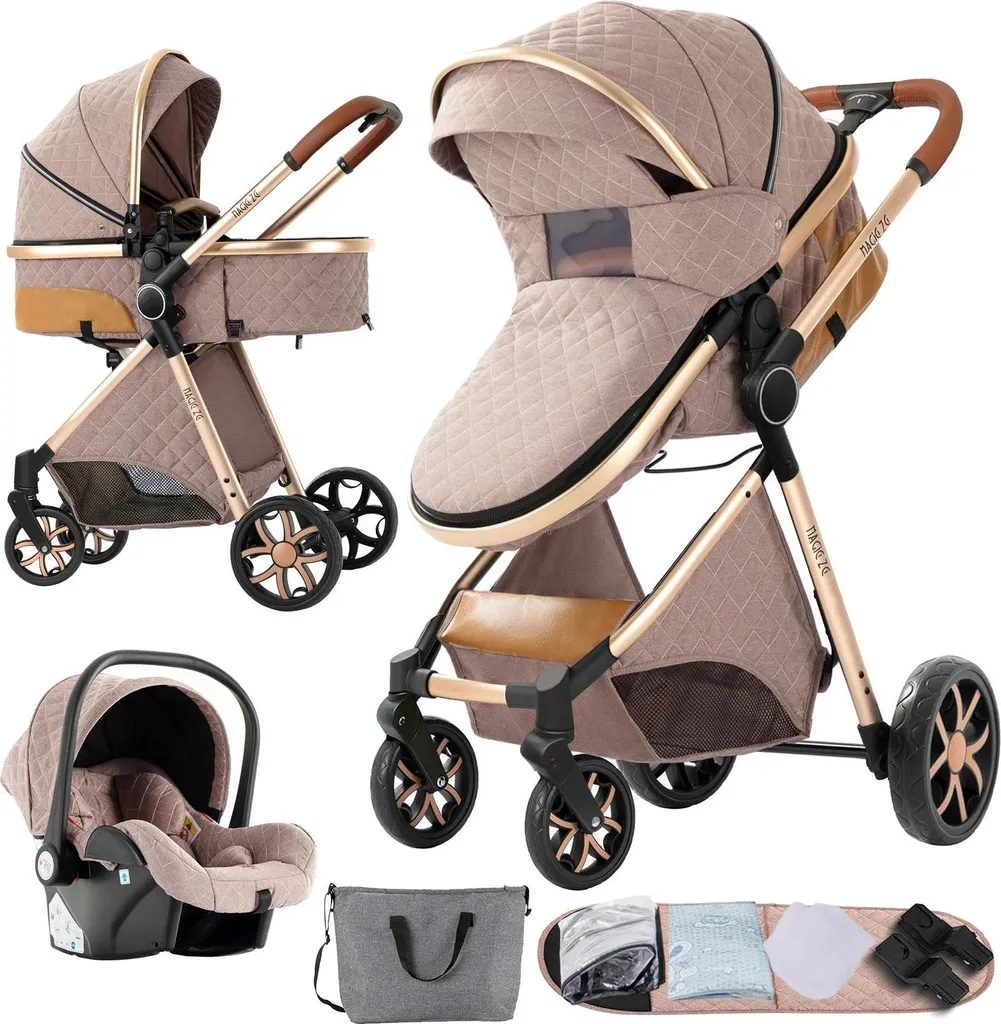 Poussette bébé 3 en 1 design polyvalent coloris beige sable modèle compact