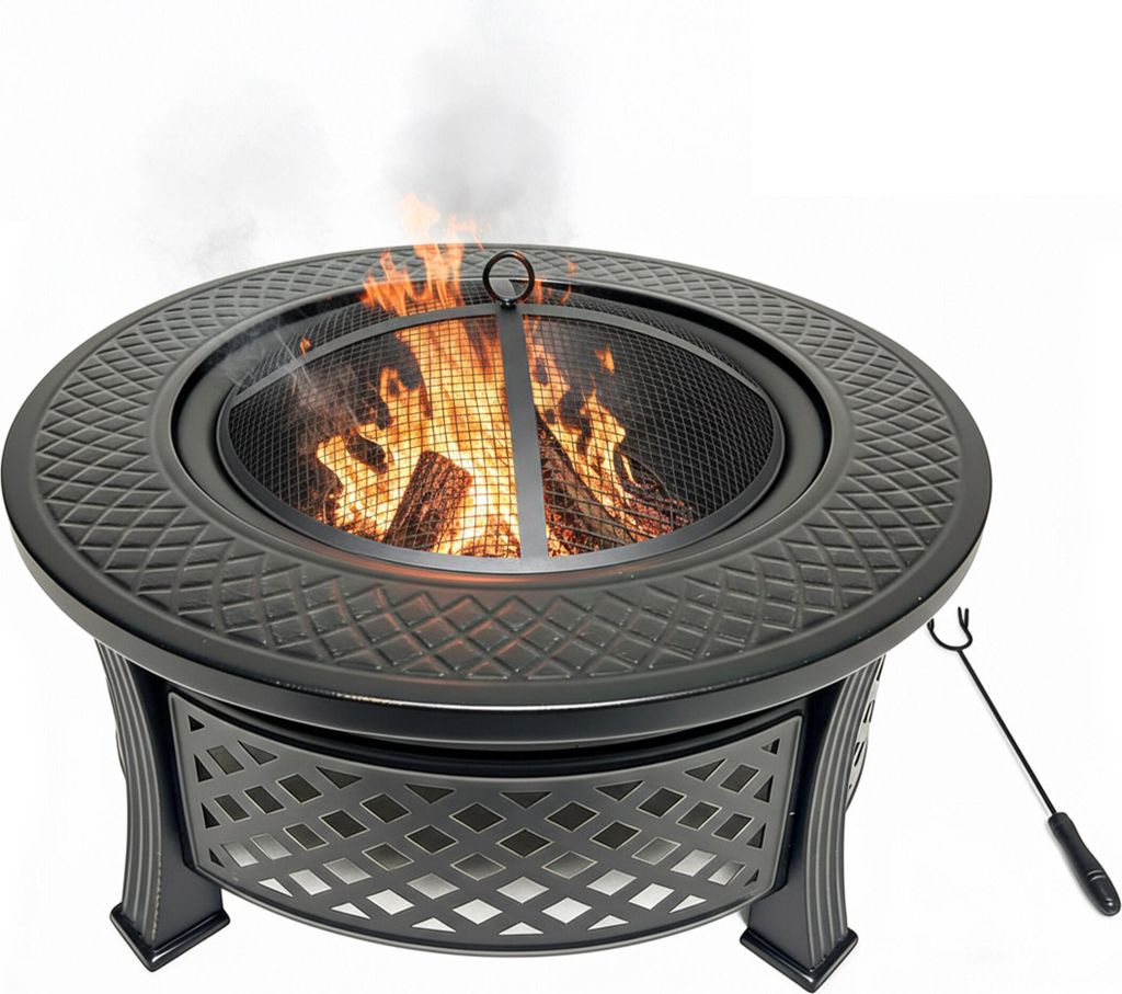 Relaxdays Feuerschale, Ø Schale 55 cm, mit Funkenschutz, Schürhaken, Stahl, Feuerstelle Garten, Terrasse, schwarz
