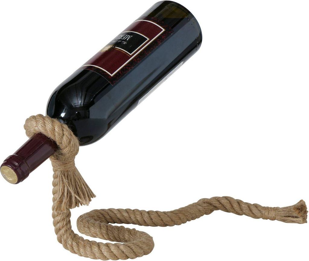 A wine bottle is suspended by a rope, creating a unique and eye-catching display.