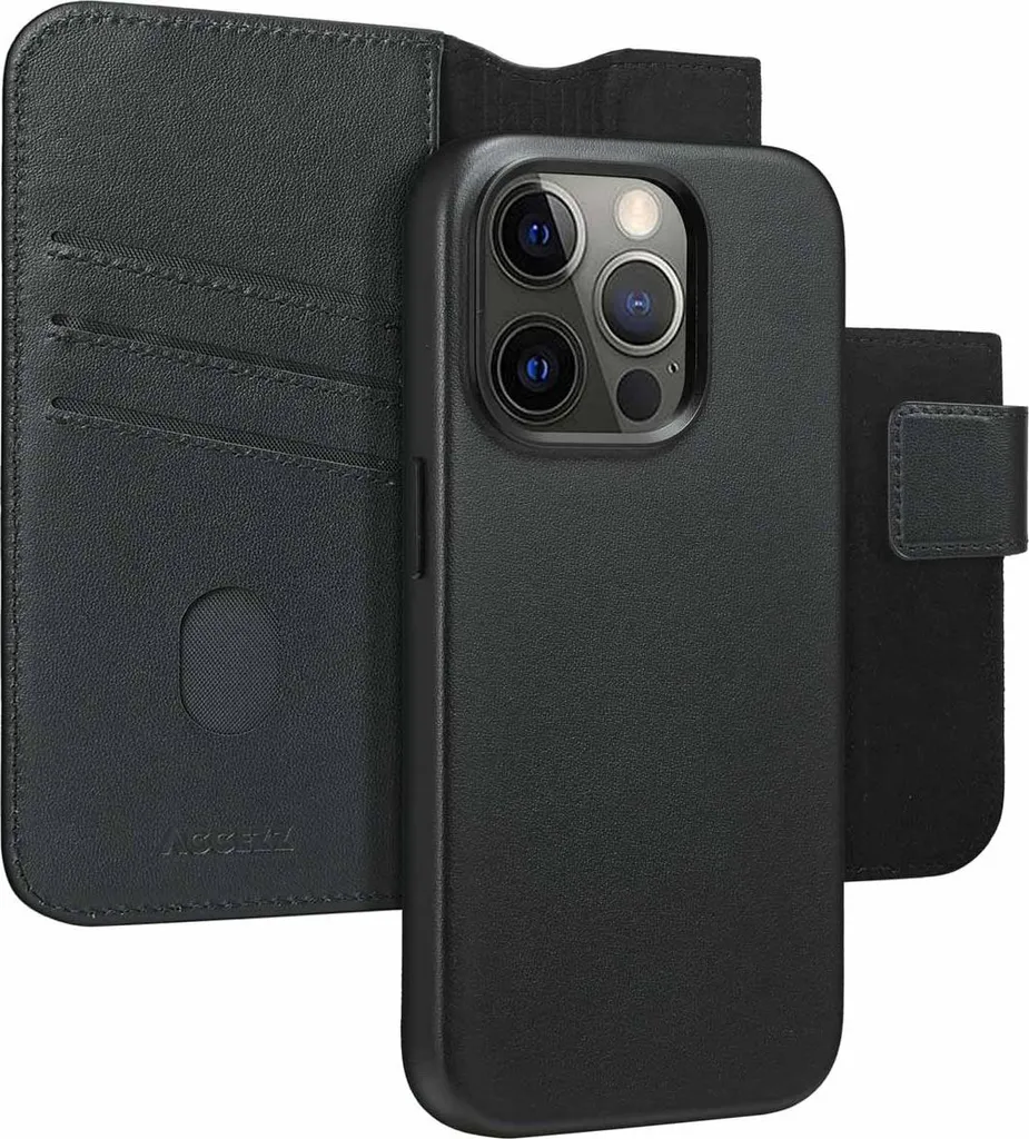 Étui iPhone 15 Pro MagSafe Cuir Noir Onyx Antichoc Multi-Rangement Chic
