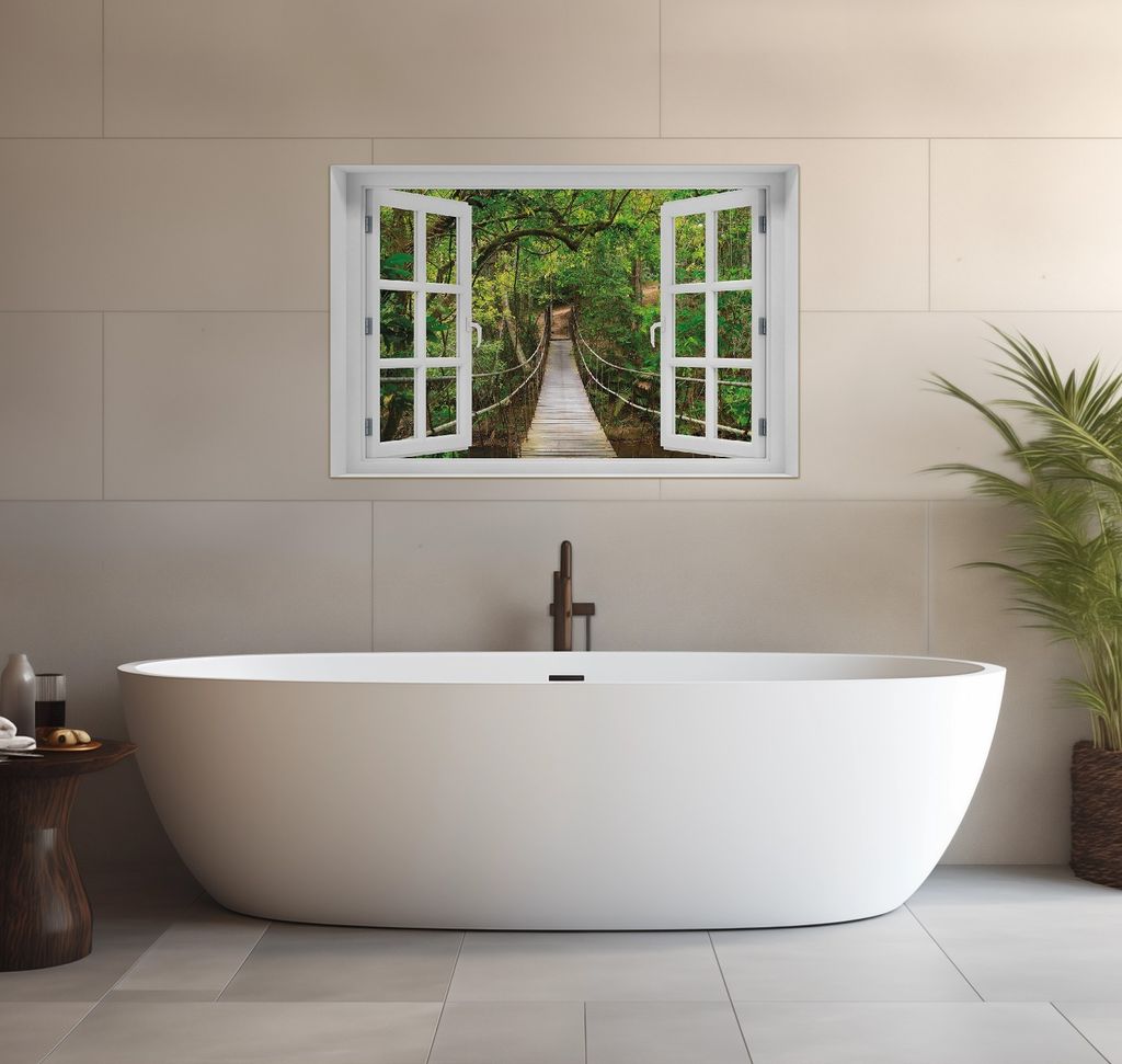 Wallario wasserfestes Poster selbstklebend 91,50 x 61 cm, Hängebrücke im Urwald grüner Dschungel, Badezimmerposter Spritzschutz mit Hochglanzob...