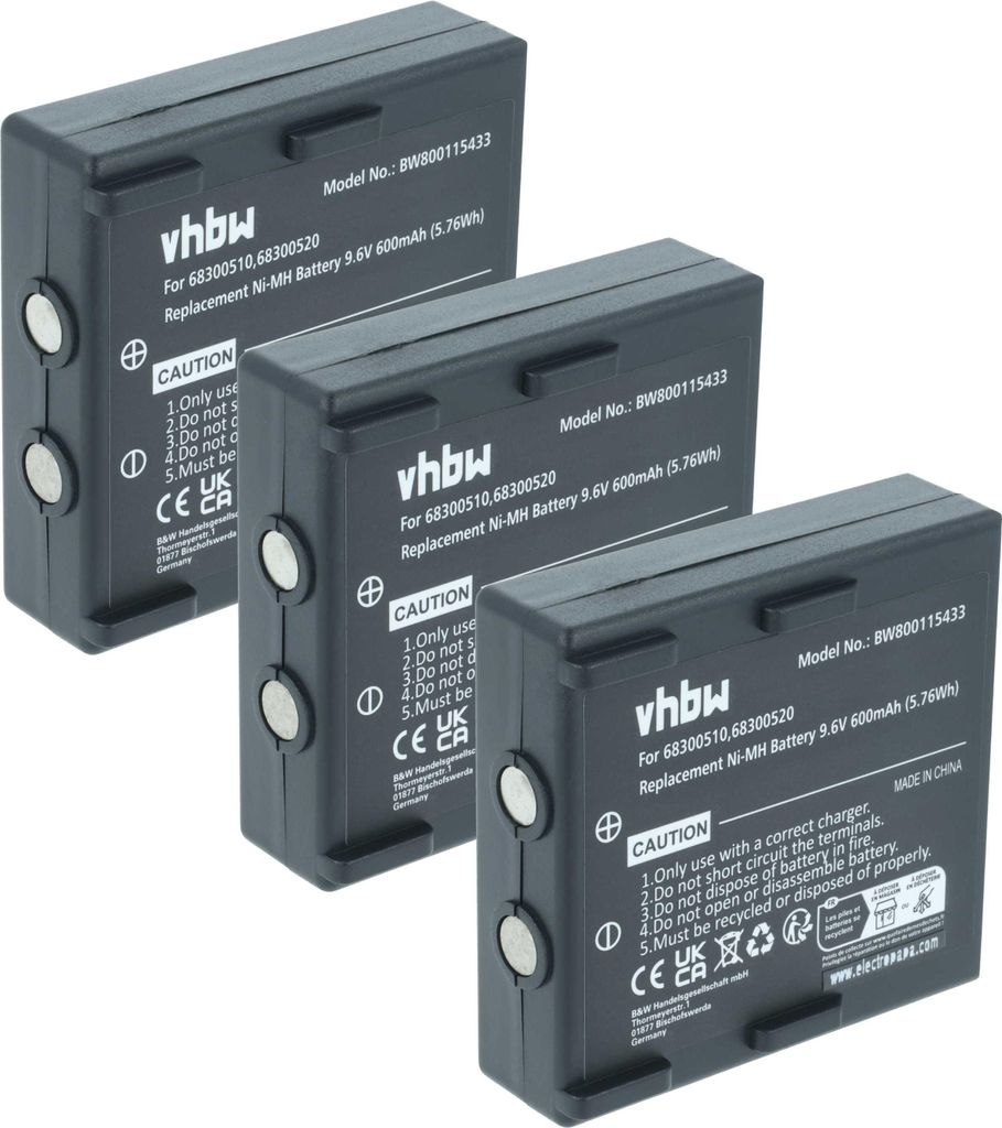 vhbw 3x Akku Ersatz für Abitron KH68300520.A, NM19HB, HE520, HT-02 für Industrie-Funkfernsteuerung Fernbedienung (600 mAh, 9,6 V, NiMH) - Schwarz