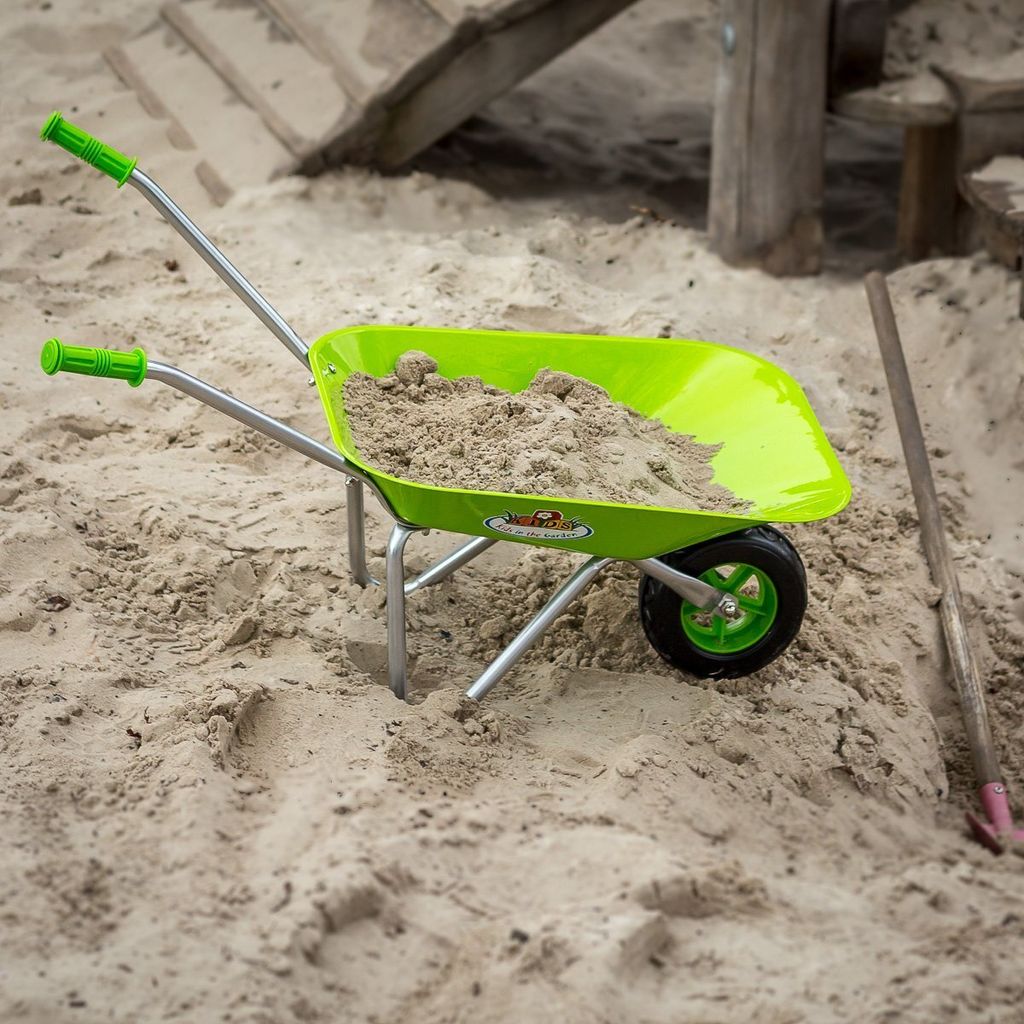 Kinderschubkarre in Grün, Gartenschubkarre aus Metall, Schiebkarre