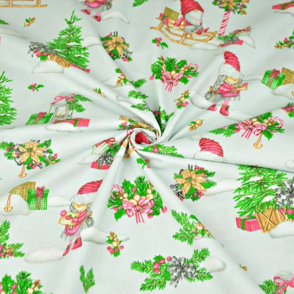 Baumwolle 100% Weihnachtsmuster Wichtel auf Schlitten auf hellgrauem Hintergrund