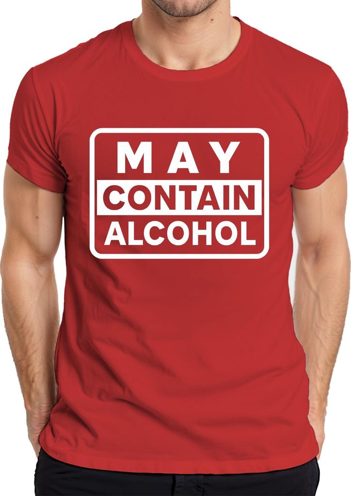 May Contain Alcohol Lustiger Warnhinweis Party Geschenk Retro Herren T-Shirt, Rot, XXL