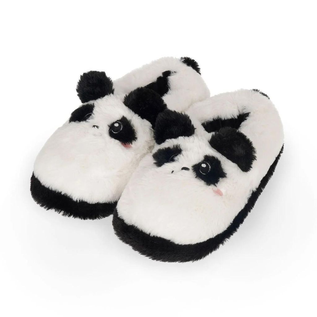 A pair of panda-themed slippers on a white background.