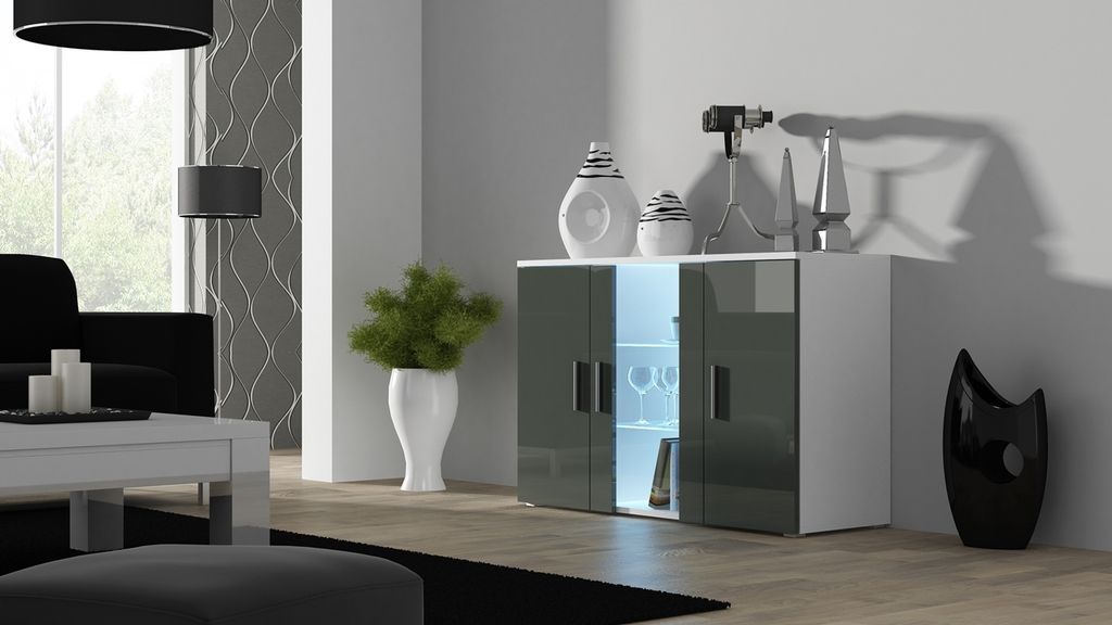 Kommode Sideboard SOHO SH8F weiß / grau hochglanz mit Glastür 120cm Breit