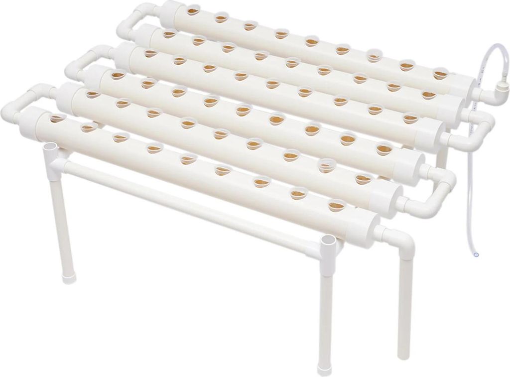 Hydroponik Anzucht-Set - 6-Rohr-System - 54 Pflanzplätze - 1 Ebene - PVC - Komplettset - Weiß