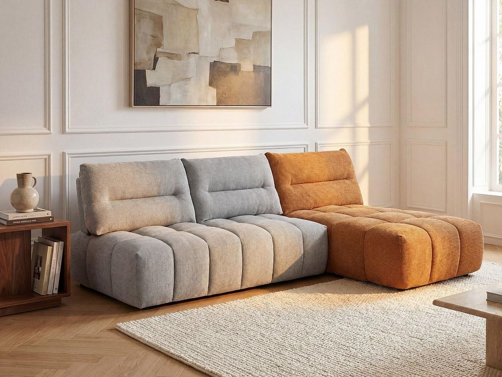 Ecksofa mit verstellbarer Rückenlehne - beliebig kombinierbar - Strukturstoff - Hellgrau & Terracotta - APOLIU