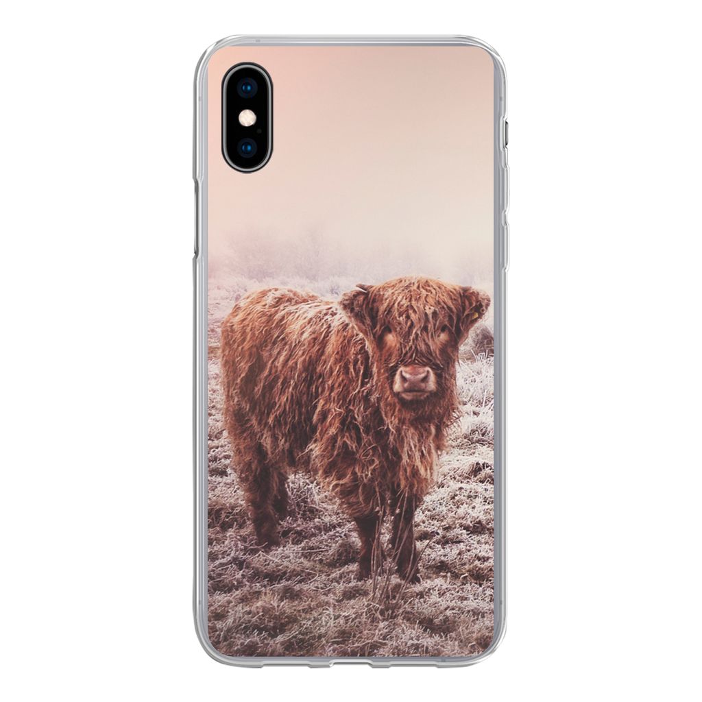 MuchoWow Handyhülle Schutzhülle Hülle für iPhone Xs Schottische Highlander - Schnee - Sonne Silikon Softcase Handy Hülle - Handytasche