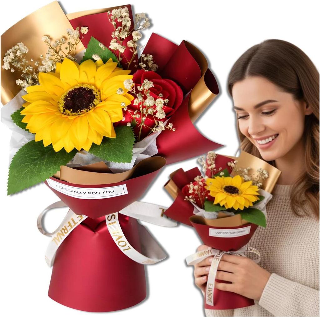 Blumenstrauß, Sonnenblume, Seife, rote Rose, elegantes Geschenk
