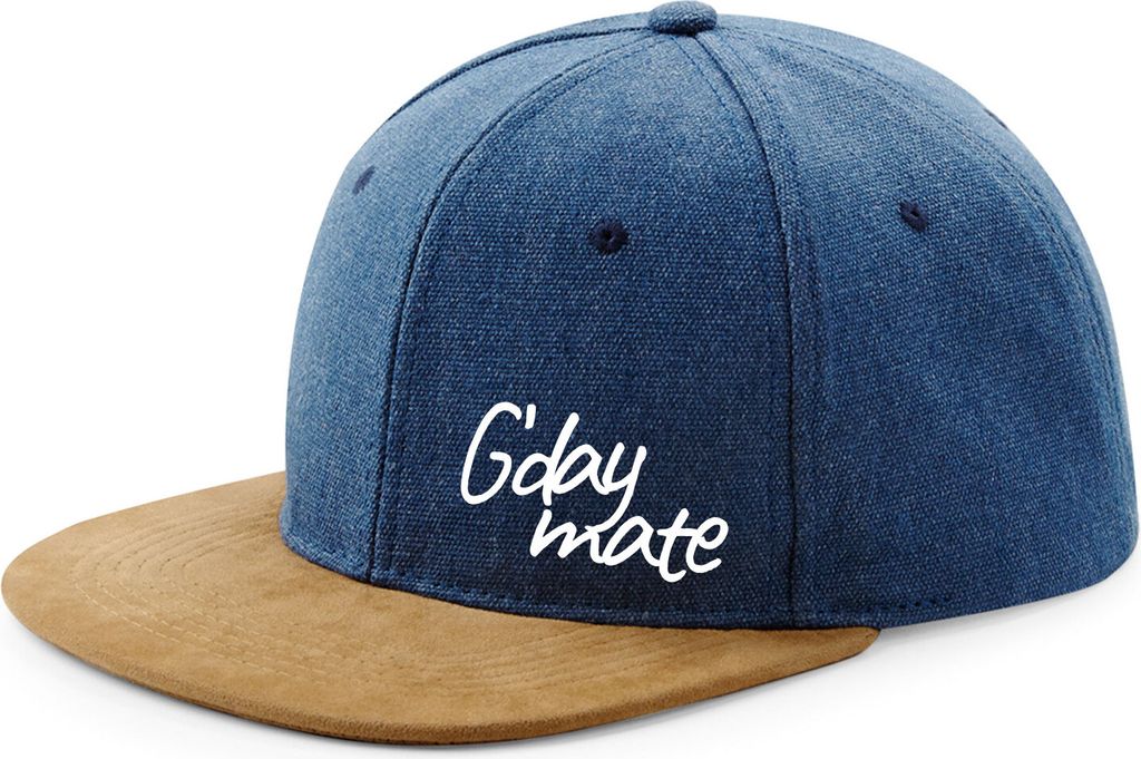 Huuraa Cappy Mütze G`day mate Spruch Denim Baumwolle und Polyester Snapback Kappe Geschenkidee