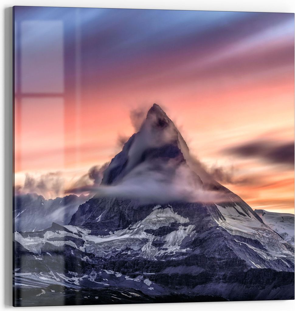 DEQORI Glasbild Echtglas 50x50 cm 'Sonnenaufgang Matterhorn' Wandbild Bild modern Deko