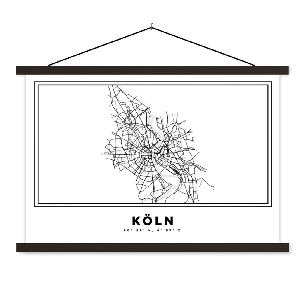 MuchoWow Textilposter Stadtplan - Schwarz-weiß - Karte - Köln - Deutschland - Karte 150x100 cm mit schwarzem Rahmen - Schlafzimmer