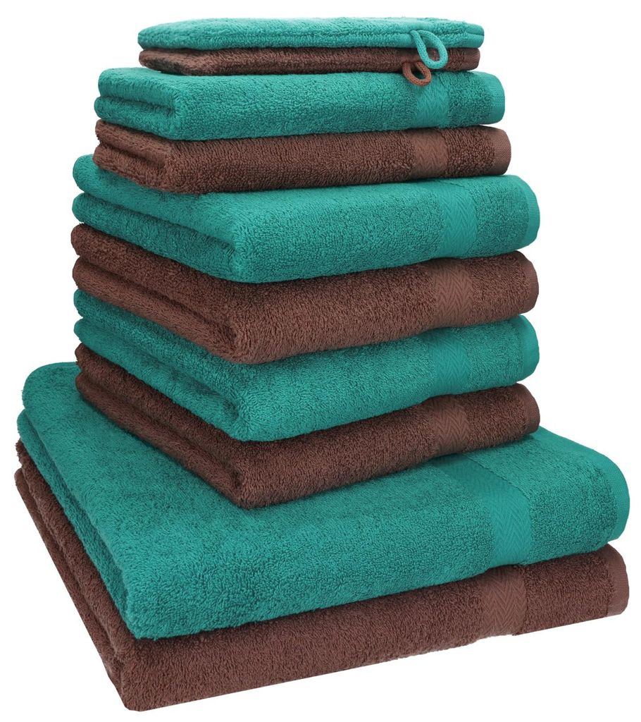 Betz 10-tlg. Handtuch-Set PREMIUM 2 Duschtücher 4 Handtücher 2 Gästetücher 2 Waschhandschuhe Farbe: sSmaragdgrün & nussbraun