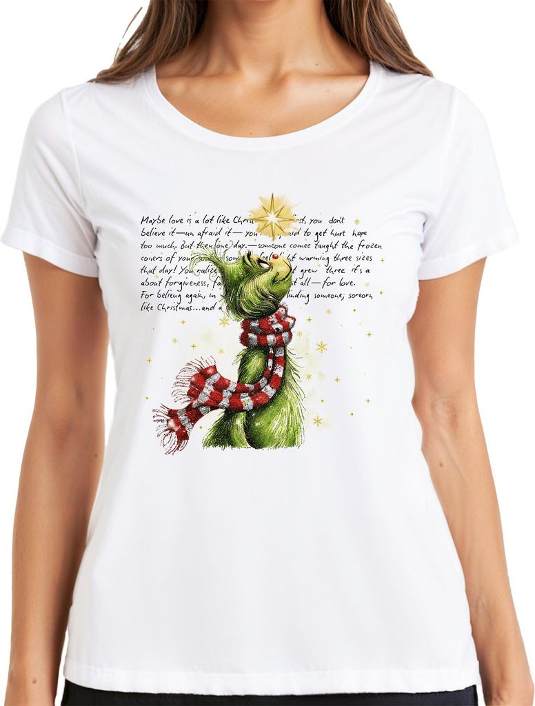 Maybe love is a lot like Christmas Grinch Weihnachten grün Stern Damen T-Shirt, Weiß, M