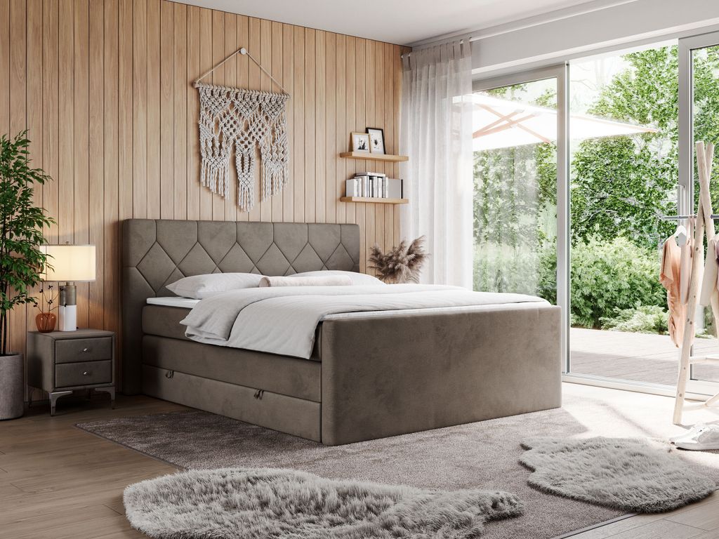 Boxspringbett mit Doppelmatratzen, zwei Bettkästen, Topper, fur Schlafzimmer - KING EIGAR - 140x200cm - Braun - H3