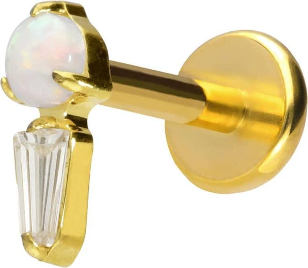 Ohrpiercing, Nasenpiercing Titan Labret mit Push Fit SYNTHETISCHER OPAL + KRISTALLRECHTECK Gold Stablänge: 8mm | Stabstärke: 1mm