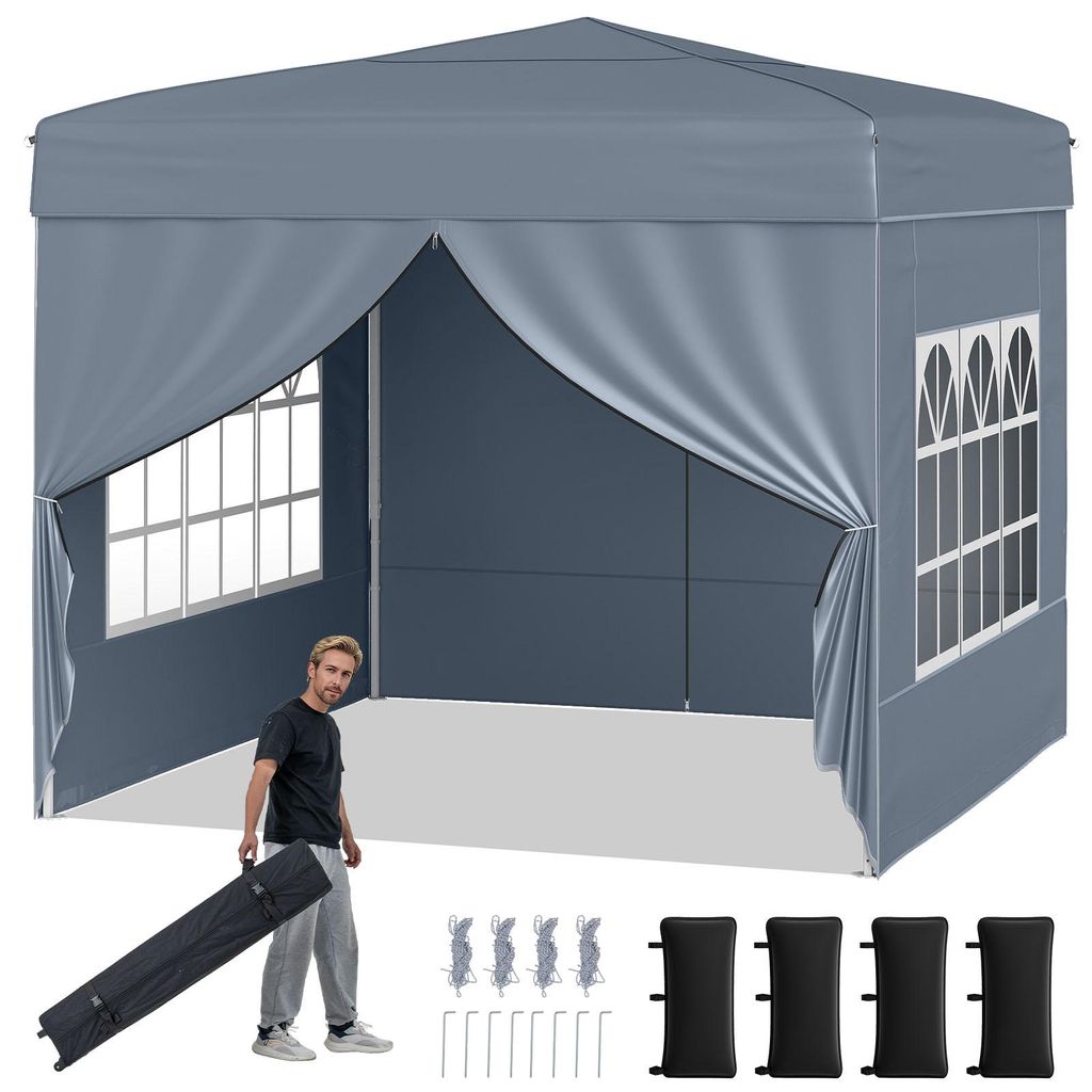 COSTWAY Pavillon 3x3m, Pop up Faltpavillon mit 4 abnehmbaren Seitenwänden & Sonnenschutz, 3-fach höhenverstellbares Partyzelt, Gartenpavillon Grau