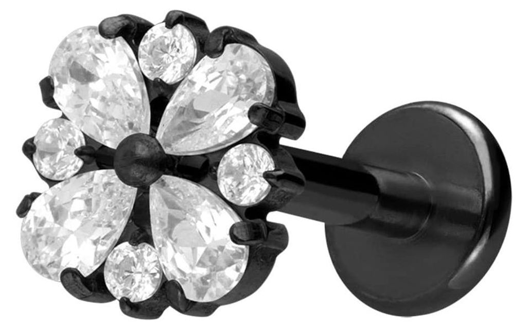 Ohrpiercing, Nasenpiercing Titan Labret mit Innengewinde KRISTALLORNAMENT Schwarz Stablänge: 8mm | Stabstärke: 1,2mm