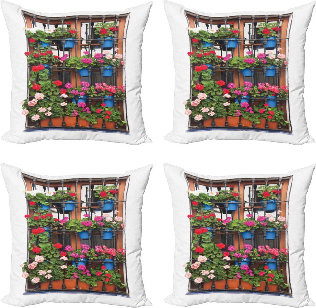 ABAKUHAUS Pelargonien Kissenbezug Set (4 Stück), Blumentöpfe auf alten Fenster, Moderner Doppelseitiger Digitaldruck, 60 cm x 60 cm, Mehrfarbig
