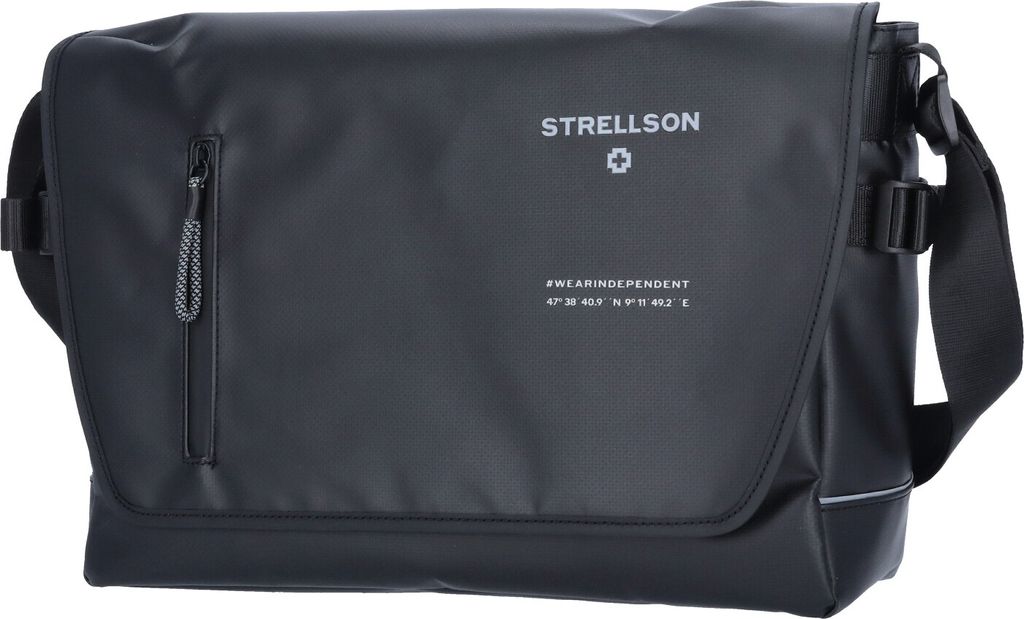 A black messenger bag is shown against a white background.