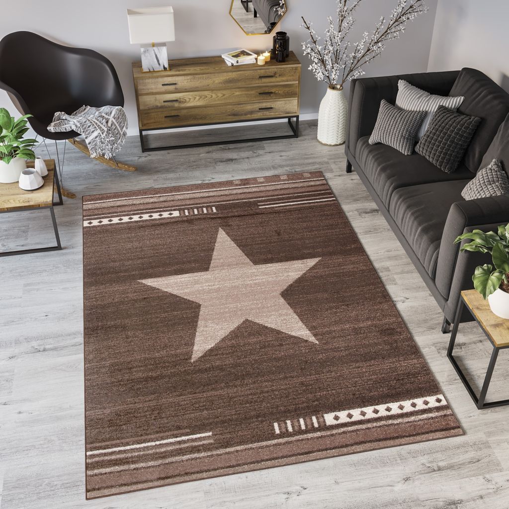Teppich Wohnzimmer Schlafzimmer Kurzflor Modern Design Meliert Stern Streifen Gestreift Braun Beige Dunkelbraun 200 x 290 cm