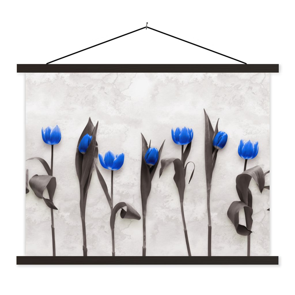 MuchoWow Textilposter Blumen - Tulpen - Blau 120x90 cm mit schwarzem Rahmen - Aufhänger für Poster