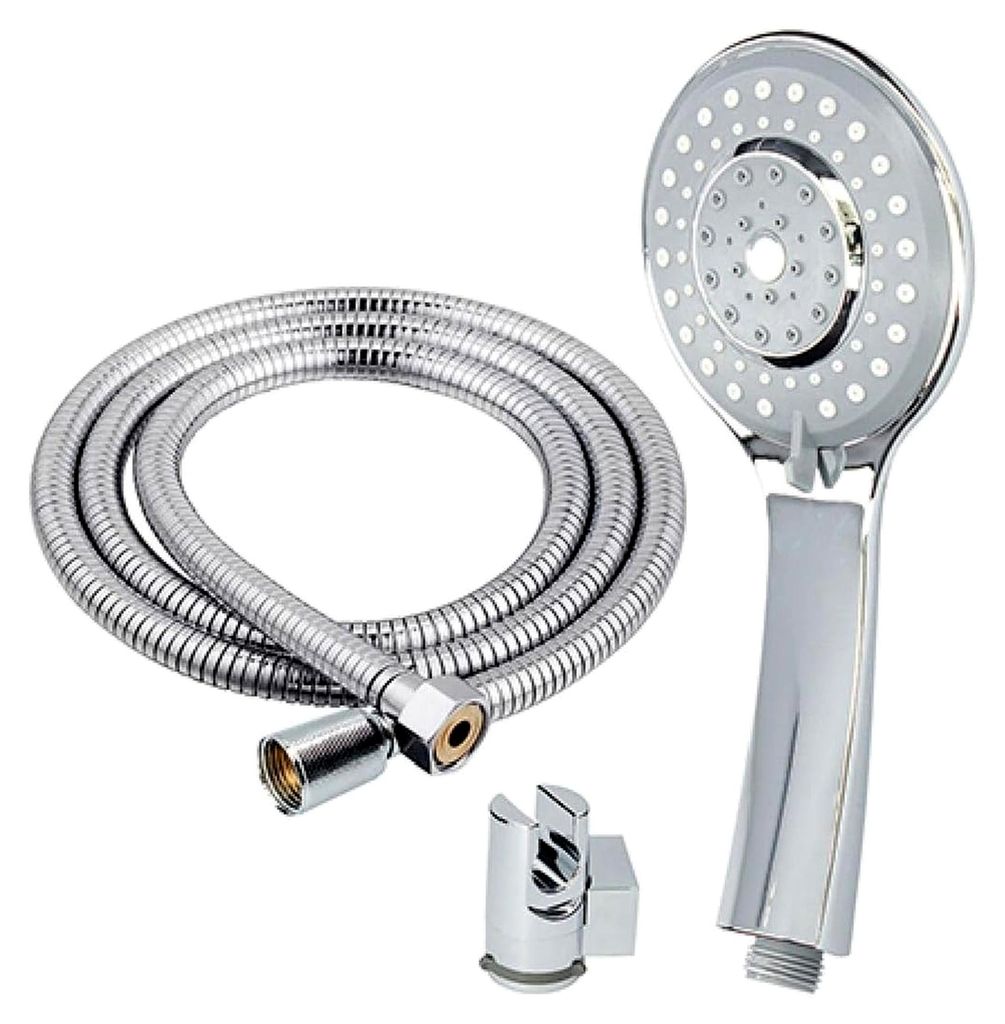Duschset mit 5 Positionen, Halterung und flexiblem Edelstahl-Schlauch von 1,7 m bis 2 m, mit 1/2 Zoll-Gewinde und konischen sowie sechseckigen Klem...
