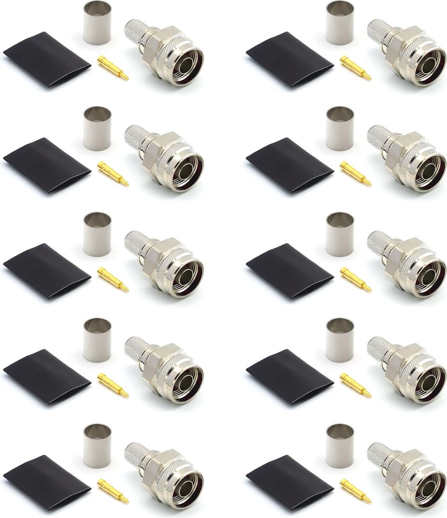 N Stecker (Sechskantkopf) IP67 Wasserdichter Crimpverbinder für LMR400 Belden 9913 RG8, vernickelt, mit vergoldetem Pin (10er-Pack)